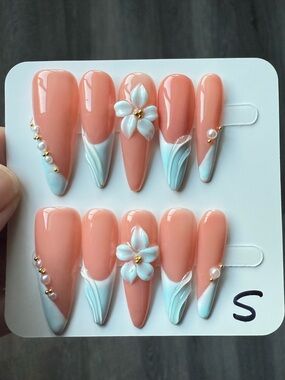 Peach Floral Stiletto Press-On Nails with White Accents